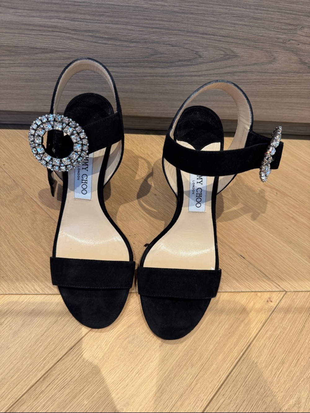 Jimmy Choo Black Suede Crystal-Embellished Ankle-Strap Heels